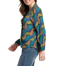 APNY Woven Printed V-Neck Long Sleeve Tassel Top