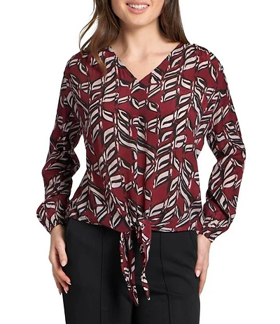 APNY Woven Printed V-Neck Long Sleeve Tie Front Top