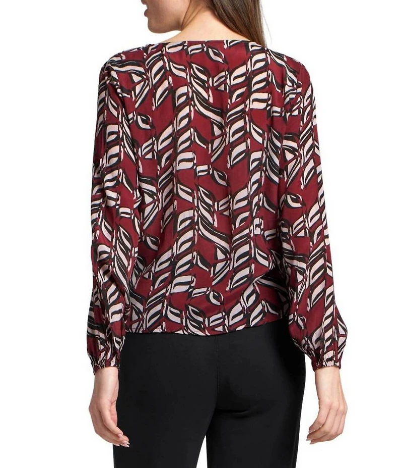 APNY Woven Printed V-Neck Long Sleeve Tie Front Top