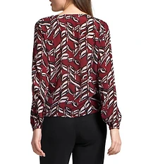 APNY Woven Printed V-Neck Long Sleeve Tie Front Top