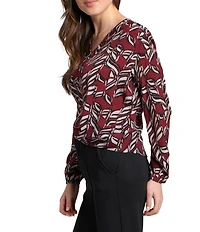 APNY Woven Printed V-Neck Long Sleeve Tie Front Top