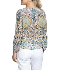 APNY Woven Printed V-Neck Long Sleeve Tie Front Top