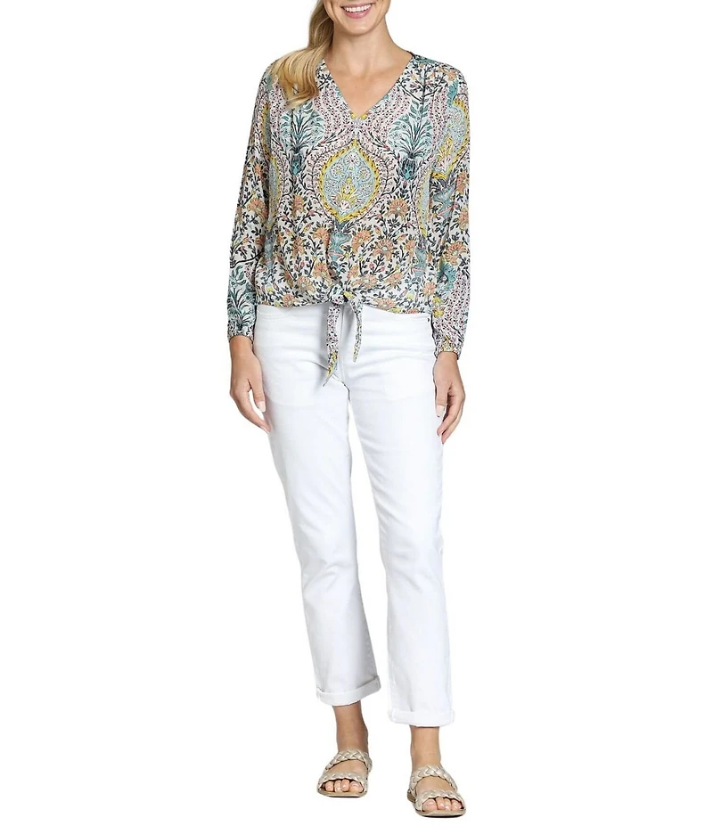 APNY Woven Printed V-Neck Long Sleeve Tie Front Top