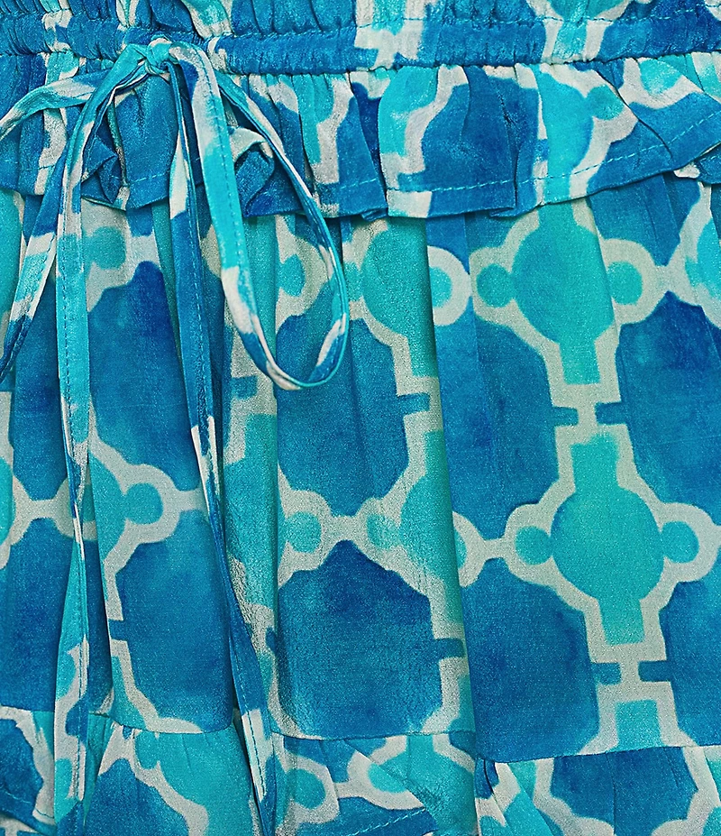 APNY Woven Printed V-Neck Short Ruffle Sleeve Tiered Maxi A-Line Dress