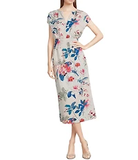 APNY Woven Printed V-Neck Short Sleeve Smocked Waist Midi Dress