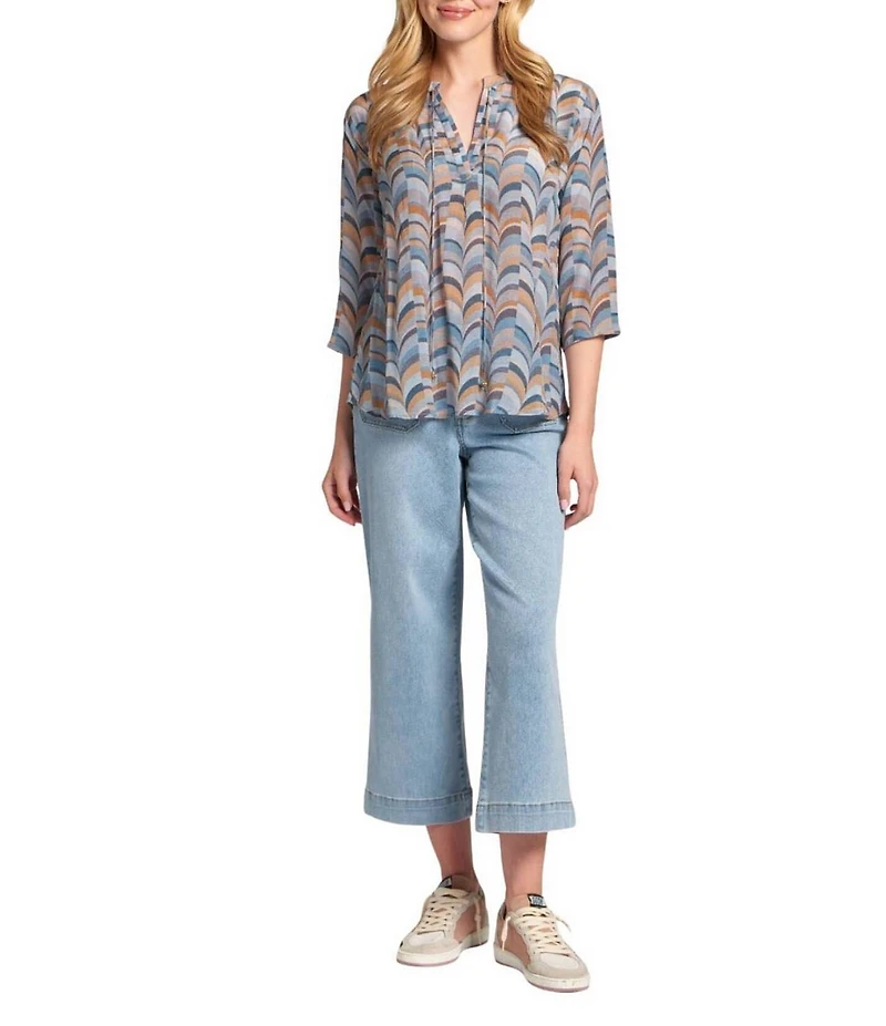 APNY Woven Printed V-Neck Tassel 3/4 Sleeve Top