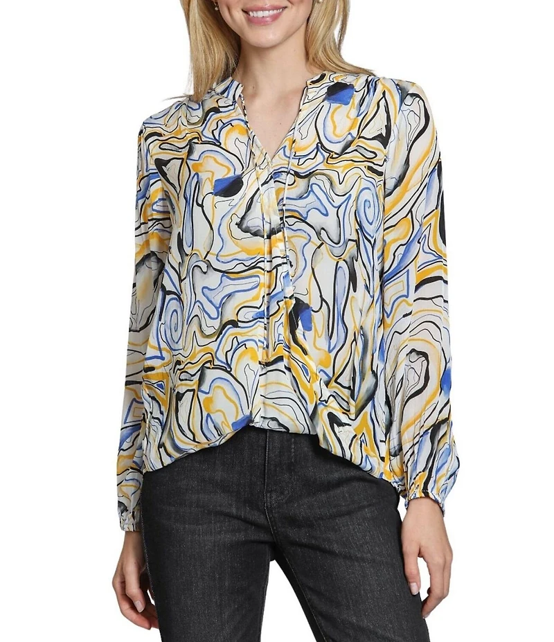 APNY Woven Printed V-Neck Tassel Long Sleeve Top