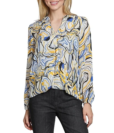 APNY Woven Printed V-Neck Tassel Long Sleeve Top