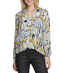 APNY Woven Printed V-Neck Tassel Long Sleeve Top