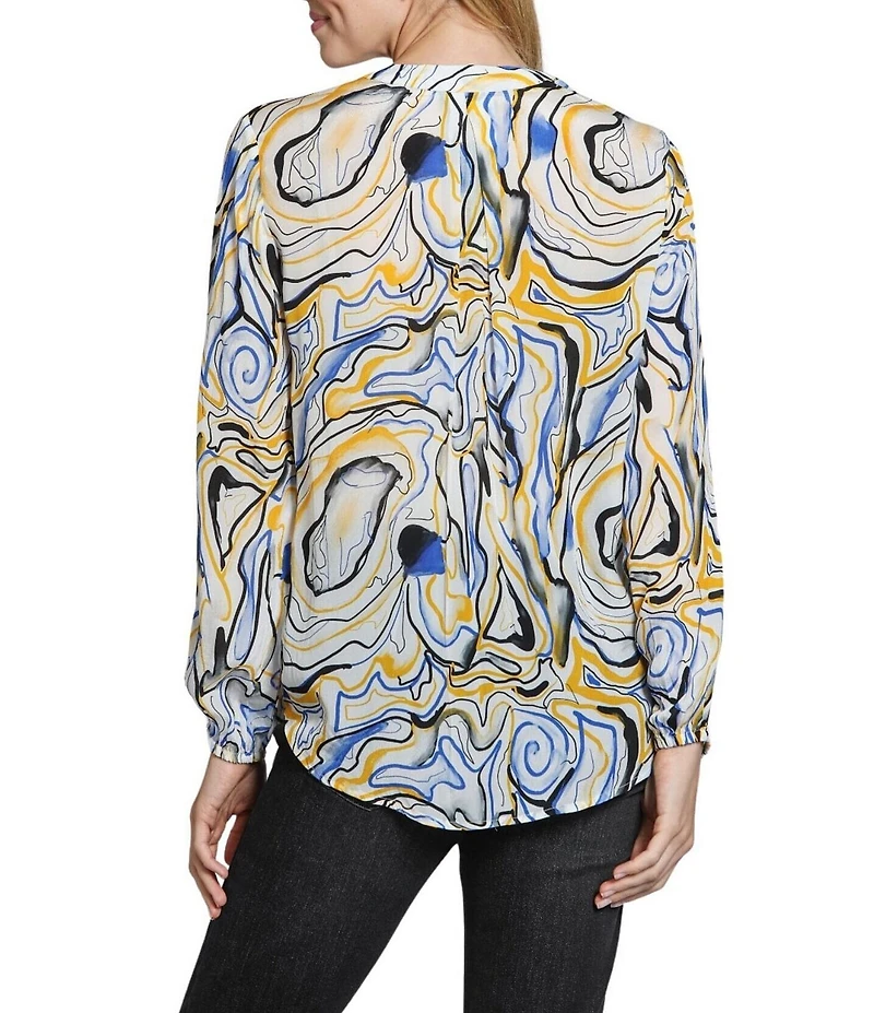 APNY Woven Printed V-Neck Tassel Long Sleeve Top
