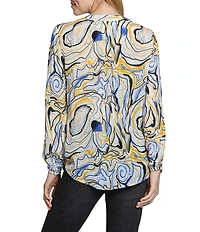 APNY Woven Printed V-Neck Tassel Long Sleeve Top