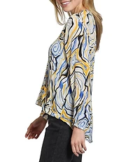 APNY Woven Printed V-Neck Tassel Long Sleeve Top