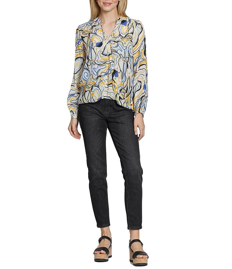 APNY Woven Printed V-Neck Tassel Long Sleeve Top