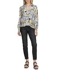 APNY Woven Printed V-Neck Tassel Long Sleeve Top