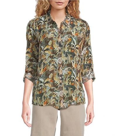 APNY Woven Spread Collar Long Sleeve Button Down Blouse