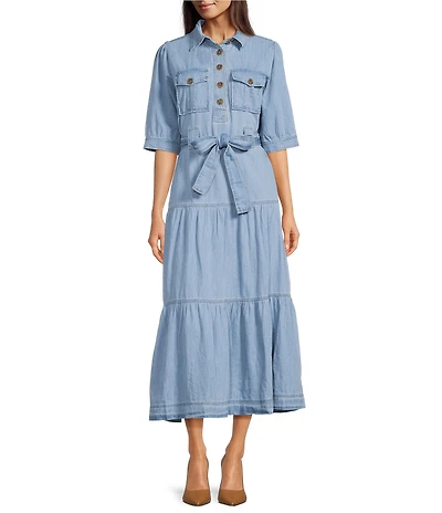 APNY Woven Spread Collar Short Sleeve Tiered Shirt Midi Dress