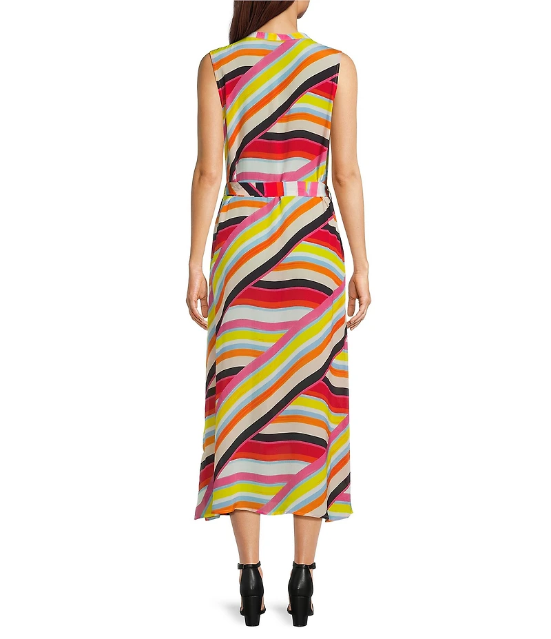 APNY Woven Stripe Print Mandarin Collar Sleeveless A-Line Midi Dress