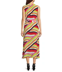 APNY Woven Stripe Print Mandarin Collar Sleeveless A-Line Midi Dress