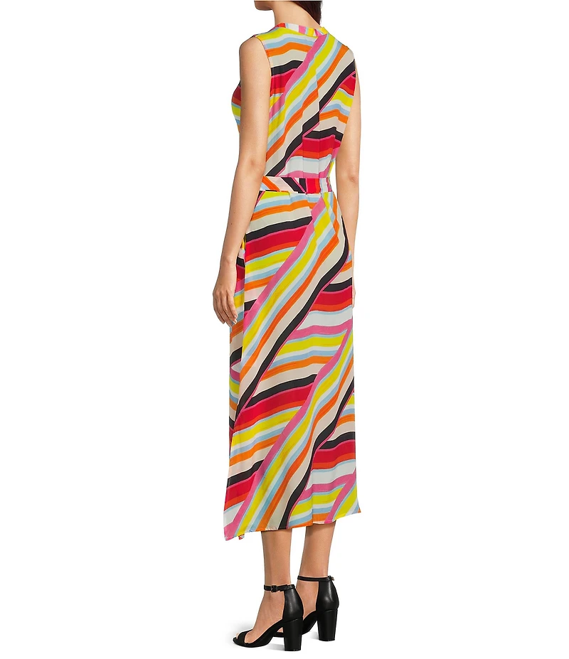 APNY Woven Stripe Print Mandarin Collar Sleeveless A-Line Midi Dress