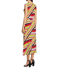 APNY Woven Stripe Print Mandarin Collar Sleeveless A-Line Midi Dress