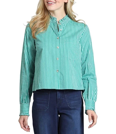 APNY Woven Stripe Spread Collar Long Sleeve Cropped Length Shirt