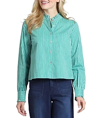 APNY Woven Stripe Spread Collar Long Sleeve Cropped Length Shirt