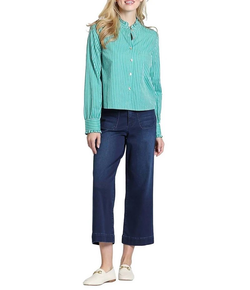 APNY Woven Stripe Spread Collar Long Sleeve Cropped Length Shirt