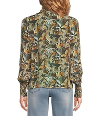 APNY Woven Tropical Print High Neck Long Sleeve Blouse