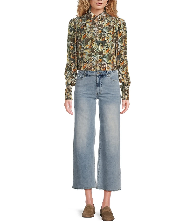 APNY Woven Tropical Print High Neck Long Sleeve Blouse