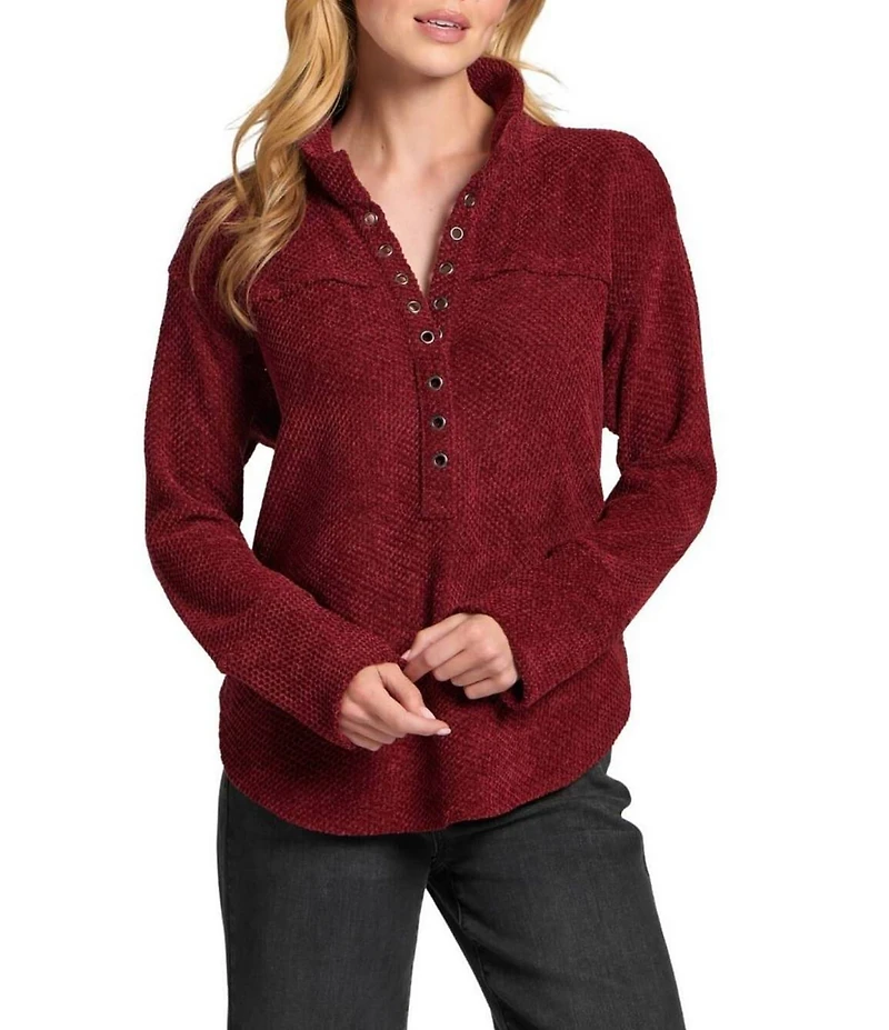 APNY Woven V-Neck Long Sleeve Henley Top