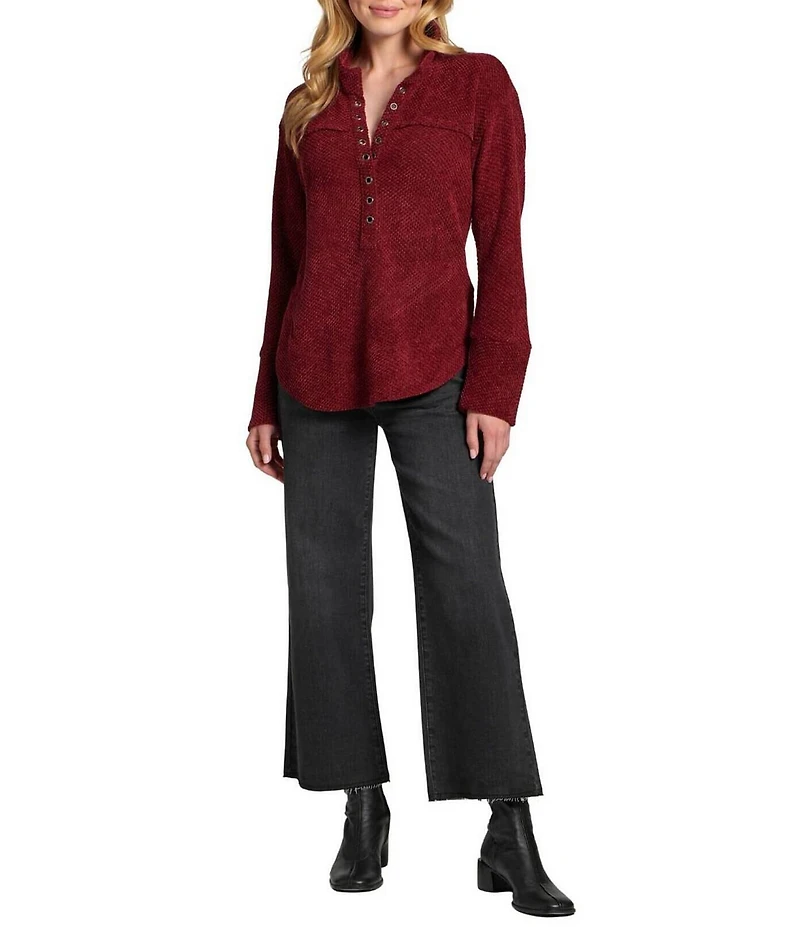 APNY Woven V-Neck Long Sleeve Henley Top