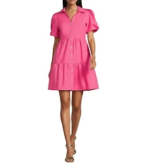 APNY Woven V-Neck Short Puff Sleeve Tiered Shirt Dress