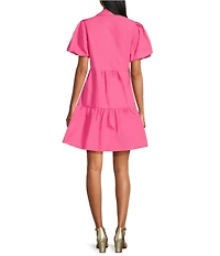 APNY Woven V-Neck Short Puff Sleeve Tiered Shirt Dress