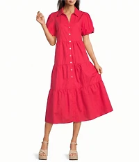APNY Woven V-Neck Short Sleeve Tiered Midi A-Line Dress