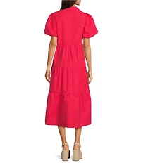 APNY Woven V-Neck Short Sleeve Tiered Midi A-Line Dress
