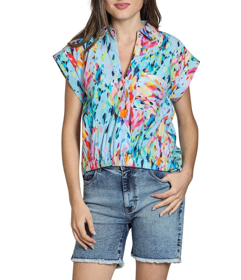 APNY Woven V-Neck Short Sleeves Abstract Print Blouse