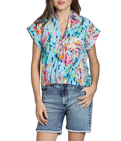 APNY Woven V-Neck Short Sleeves Abstract Print Blouse