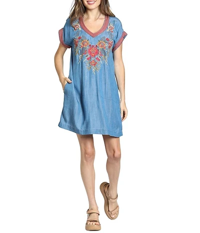 APNY Woven V-Neck Short Sleeves Embroidered A-Line Dress