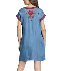 APNY Woven V-Neck Short Sleeves Embroidered A-Line Dress