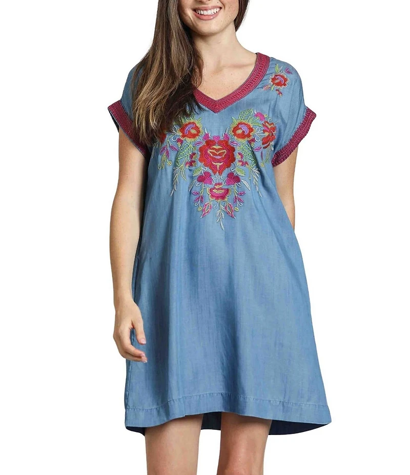 APNY Woven V-Neck Short Sleeves Embroidered A-Line Dress