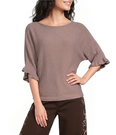 Apricot London Knit Boat Neck Batwing Ruffle Short Sleeve Top