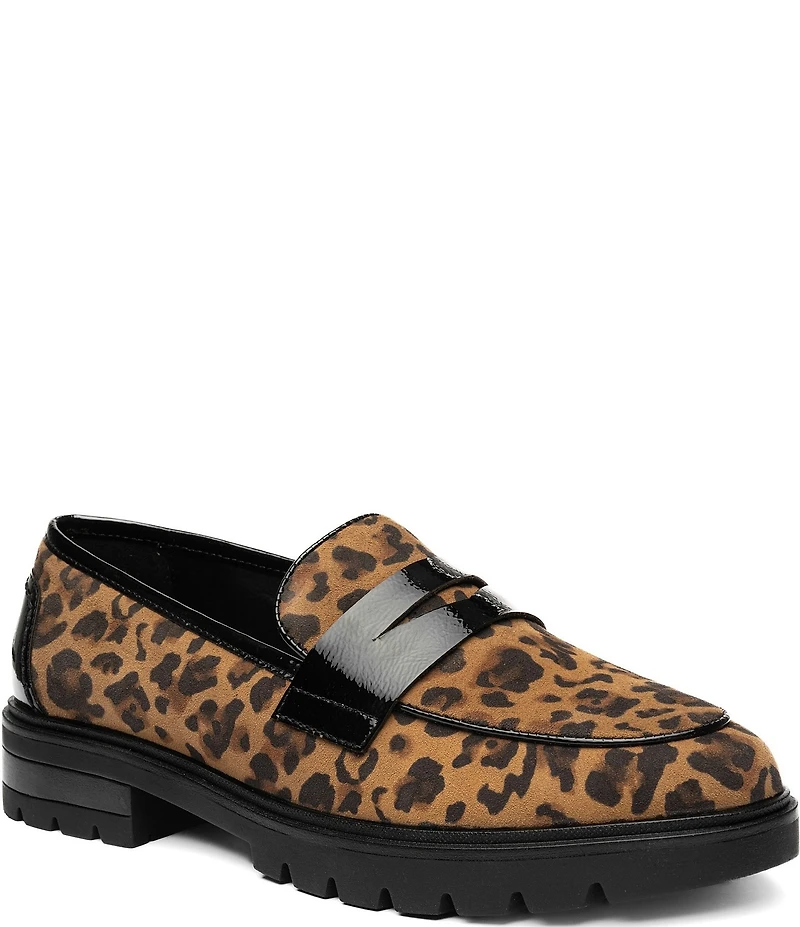 ara Caladium Leopard Print Suede and Crunch Patent Lug Sole Penny Loafers