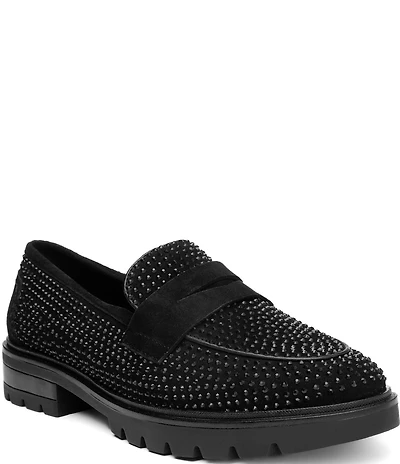 ara Caladium Rhinestone Studded Suede Lug Sole Penny Loafers