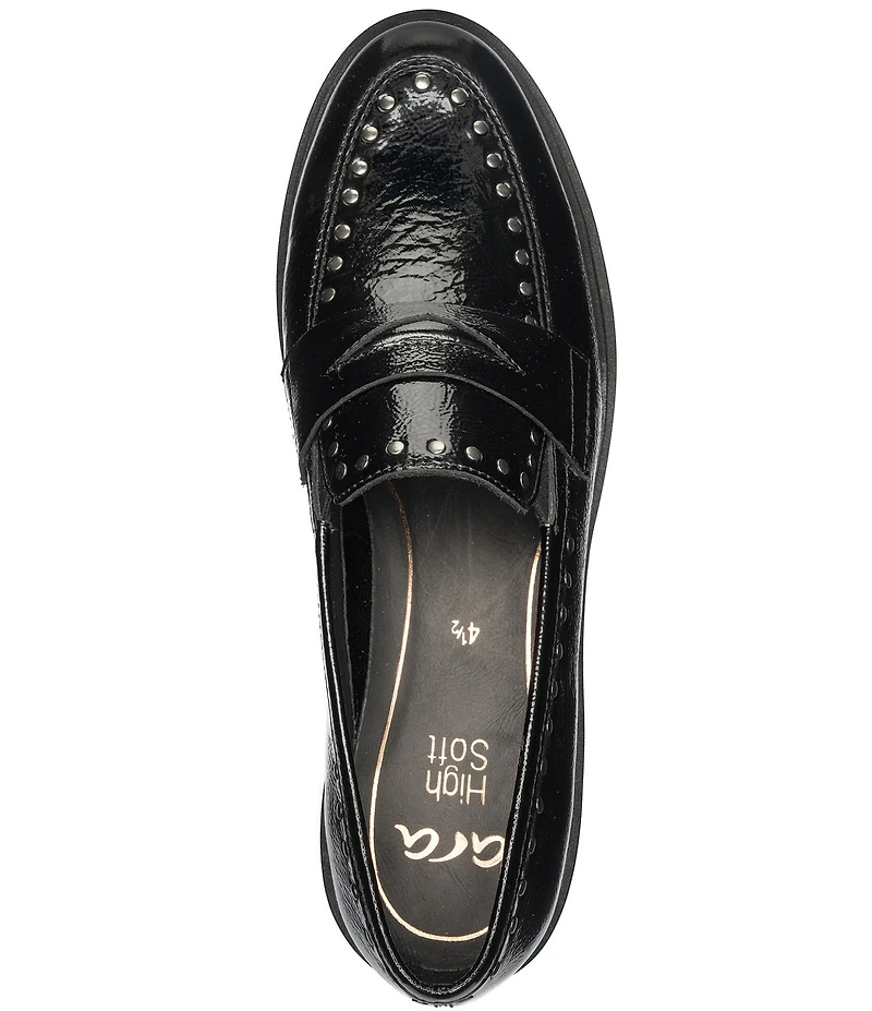 ara Cardiff Crinkle Patent Leather Studded Lugged Penny Loafers