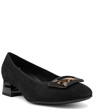 ara Gale Suede Leopard Print Patent Buckle Ornament Block Heel Pumps