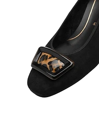 ara Gale Suede Leopard Print Patent Buckle Ornament Block Heel Pumps