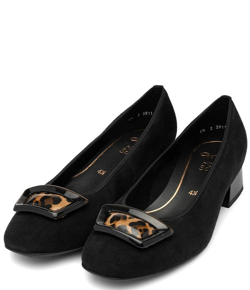 ara Gale Suede Leopard Print Patent Buckle Ornament Block Heel Pumps