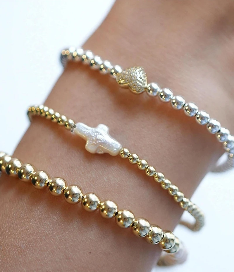 Argento Vivo Two Tone Crystal Heart Beaded Stretch Bracelet