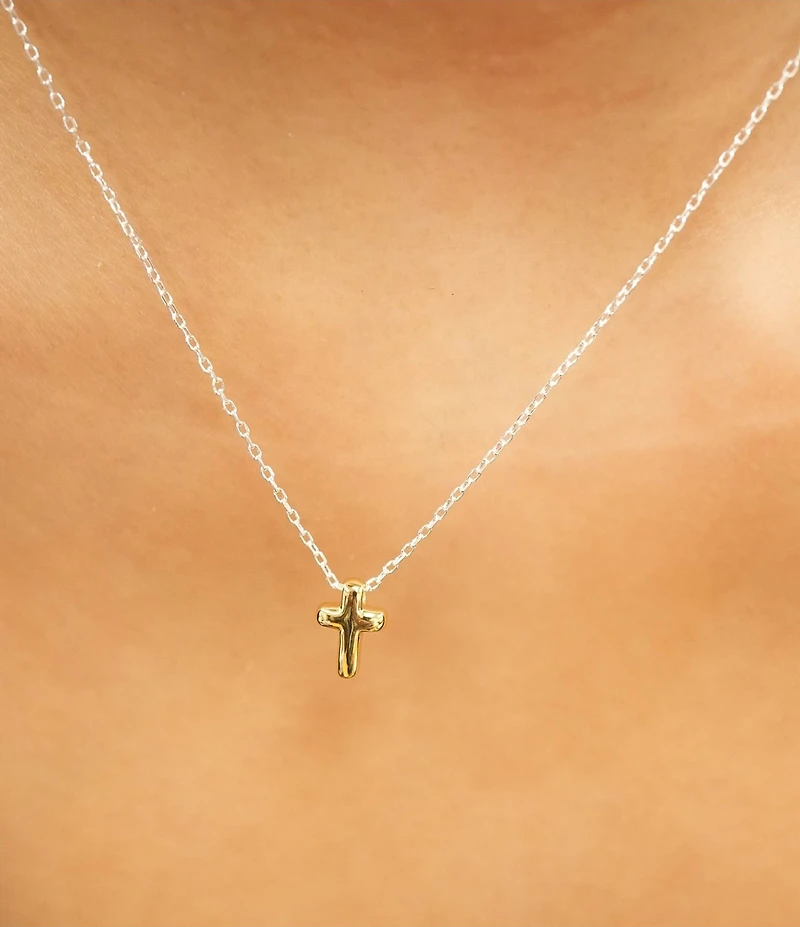 Argento Vivo Two Tone Puffy Cross Short Pendant Necklace