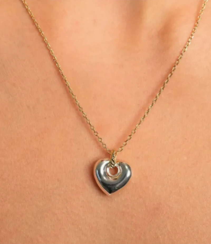 Argento Vivo Two Tone Puffy Heart Short Pendant Necklace